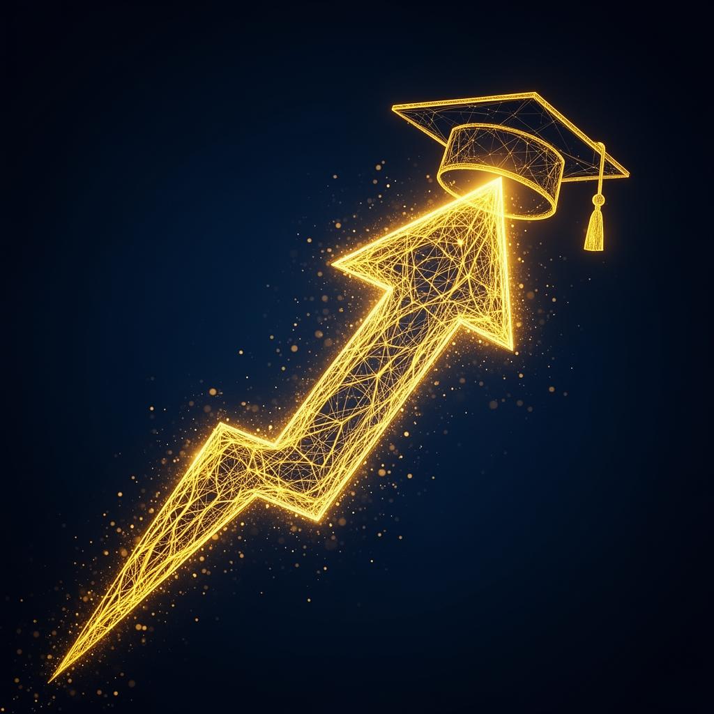 Glowing neural arrow rising with a graduation cap — career growth illustration