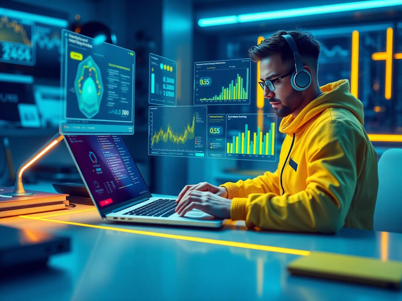 Developer with holographic AI dashboards