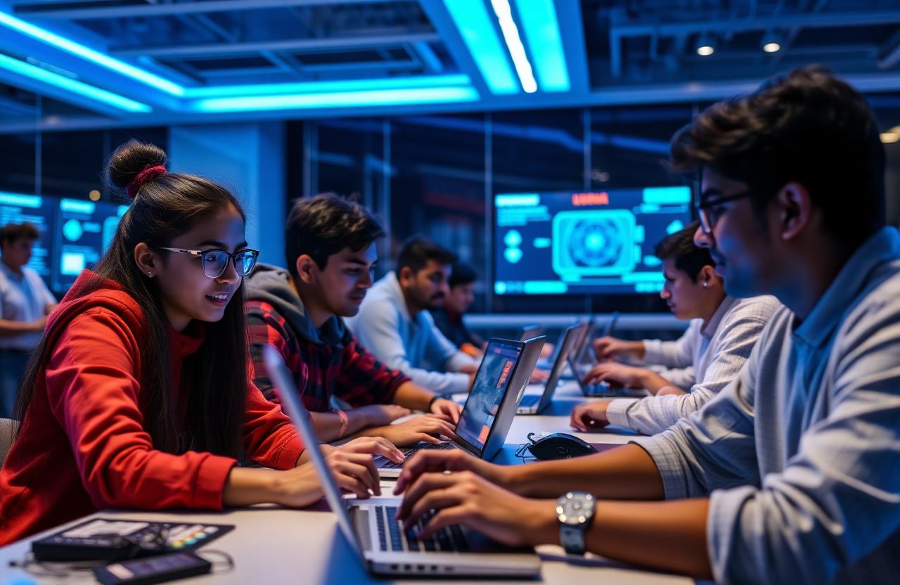 Students at a tech workshop and AI lab