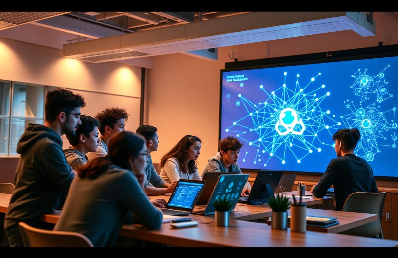 Students learning AI together around laptops