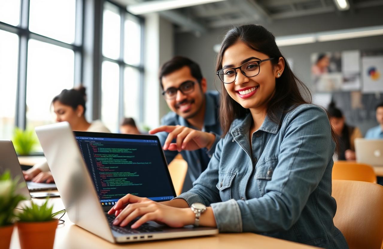 Student coding Python with mentor guidance